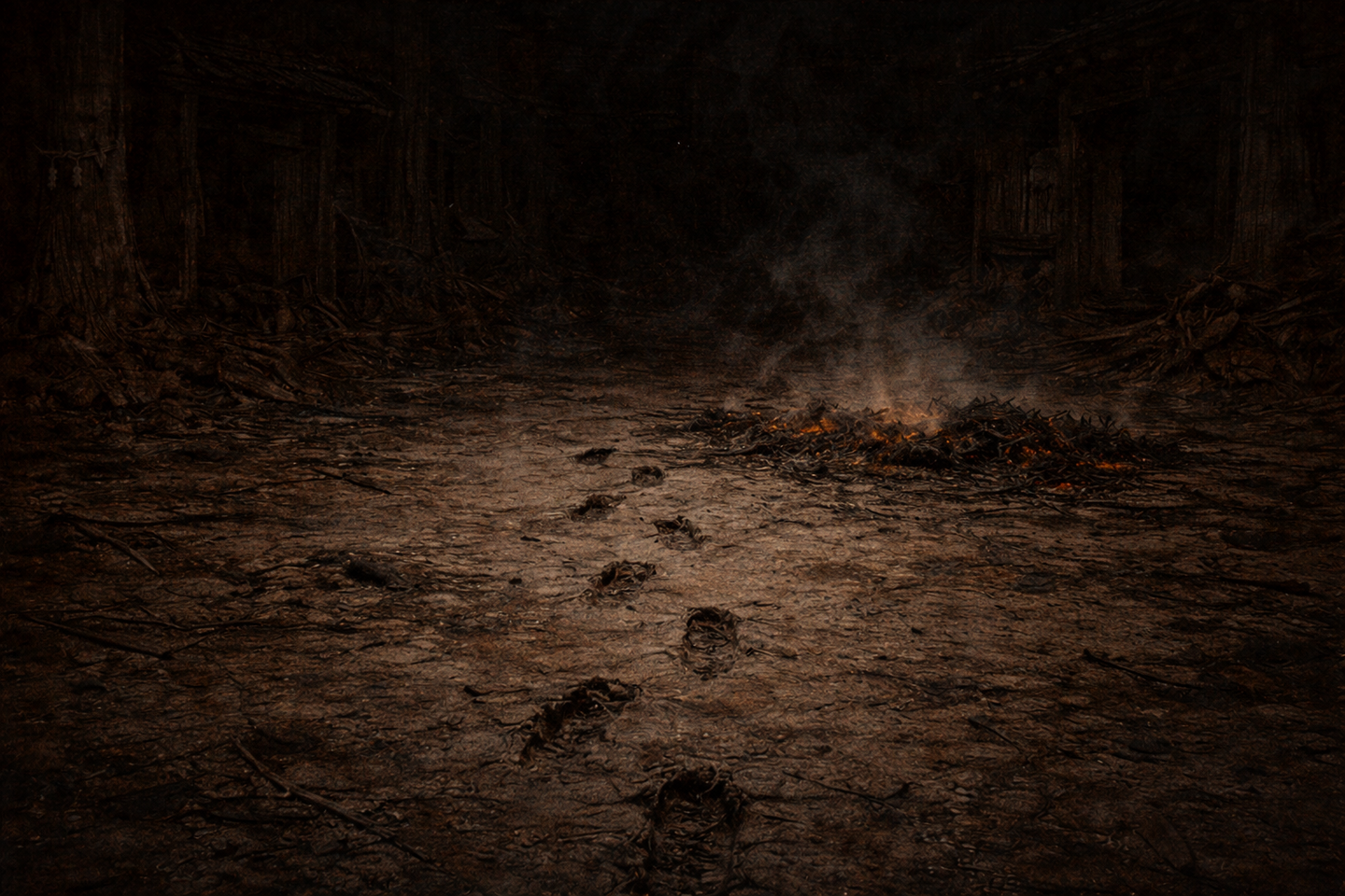 Dim interior space with a small lantern casting weak light, ash-covered floor showing elongated footprints, surrounding corners swallowed by deep darkness, and no visible people.