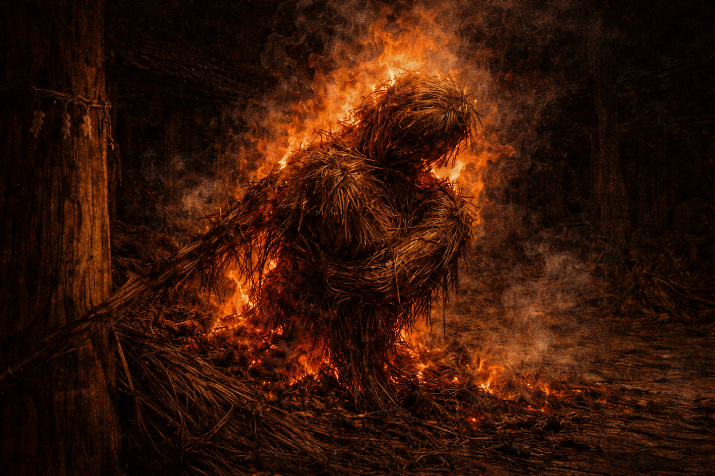 Straw effigy burning at night, surrounded by flames and smoke, with glowing embers and dark ground beneath, set against a shadowed rural background with no visible people.