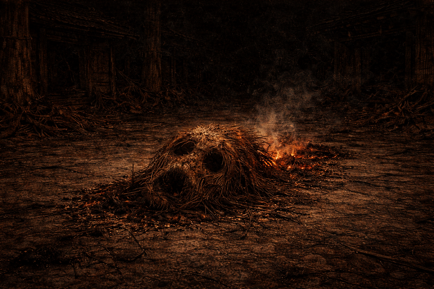 Charred straw head lying on an ash-covered ground at night, with hollow eye openings, scattered burnt straw, faint embers glowing nearby, and a dark, empty village setting in the background.