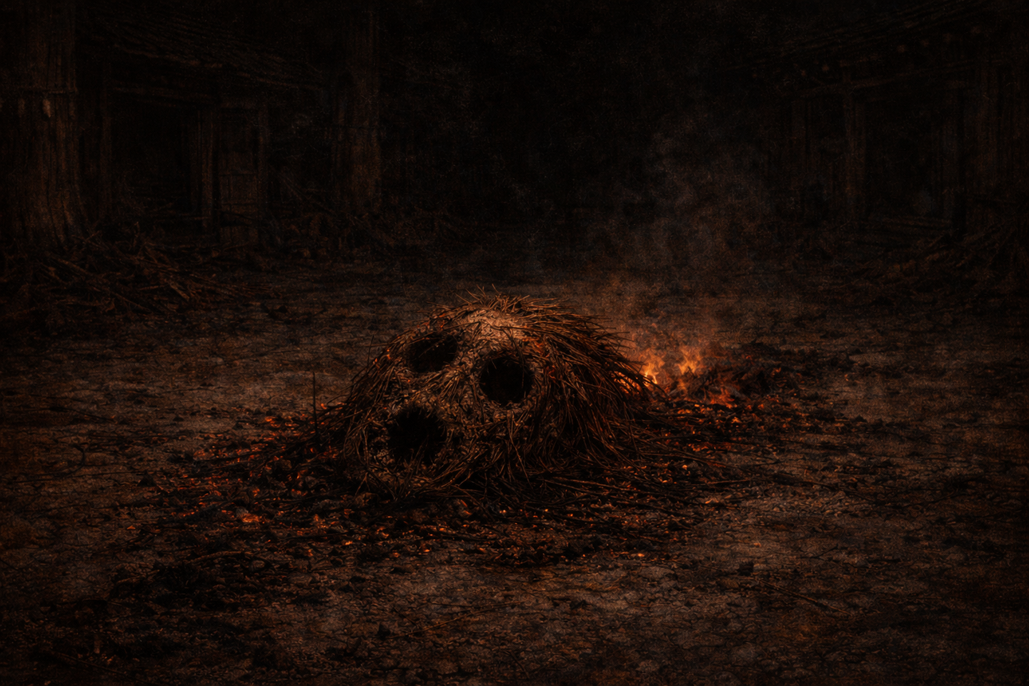 Dim interior space with bundles of straw arranged on the ground, dark stains on the floor, faint light from one side, and surrounding shadows filling the room.