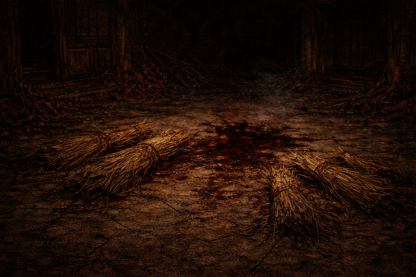 Dark interior space with several bundles of straw placed on the ground, dark stains on the floor, rough wooden walls in the background, and shadows filling the surrounding area.