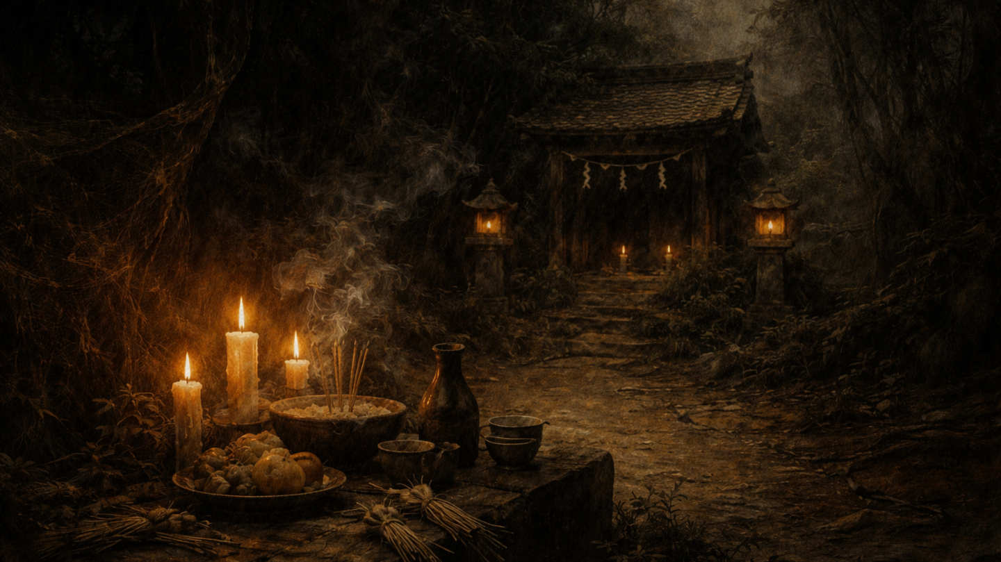 暗い森の中の古い日本の祠へ続く小道と、手前に置かれた供物と蝋燭。立ちのぼる煙と揺れる炎が、見えない存在の気配を感じさせる重厚な油絵風の情景。