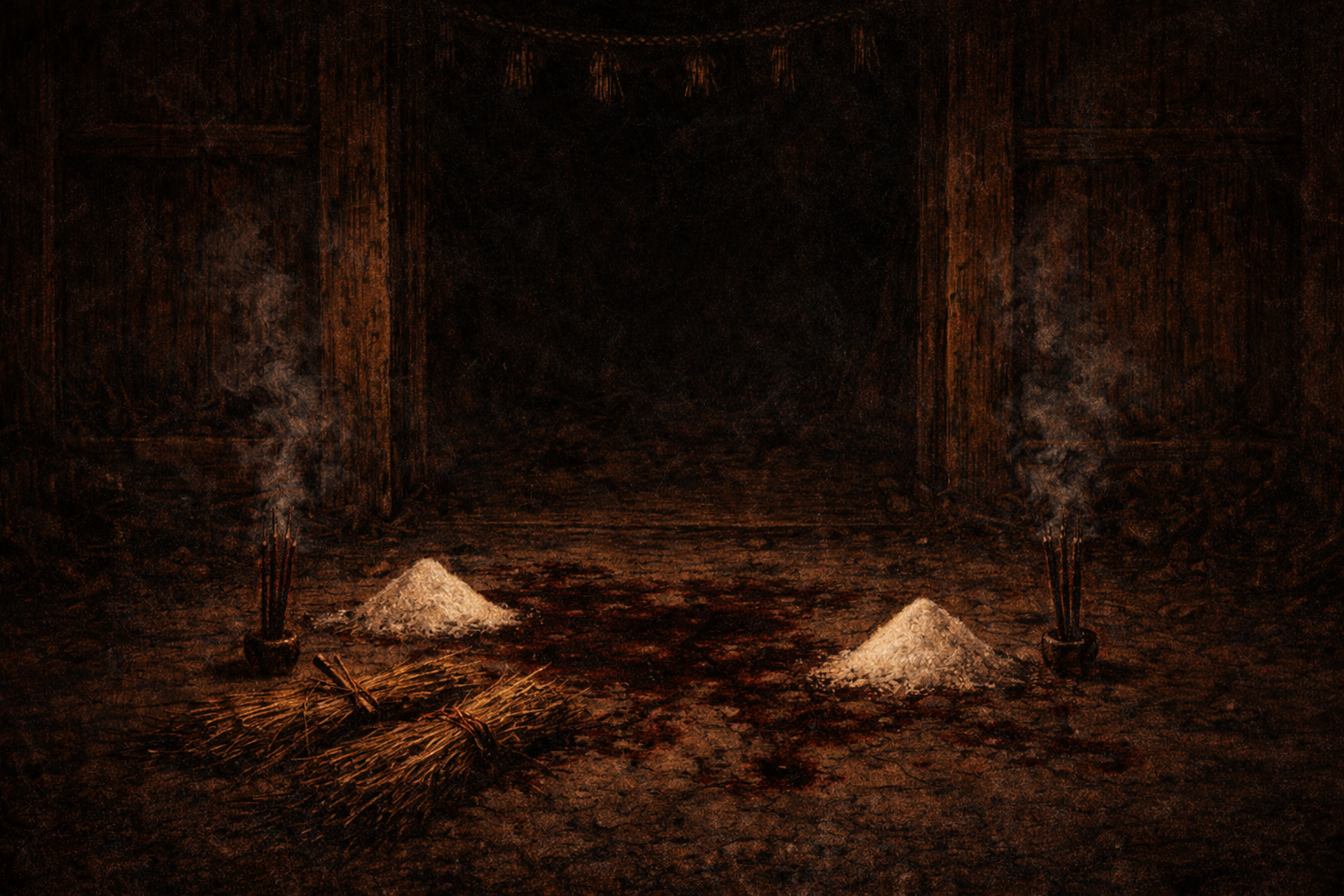 Dark interior space resembling an entryway, with bundles of straw placed on the floor, dark stains at the center, rough walls in the background, and deep shadows filling the surrounding area.