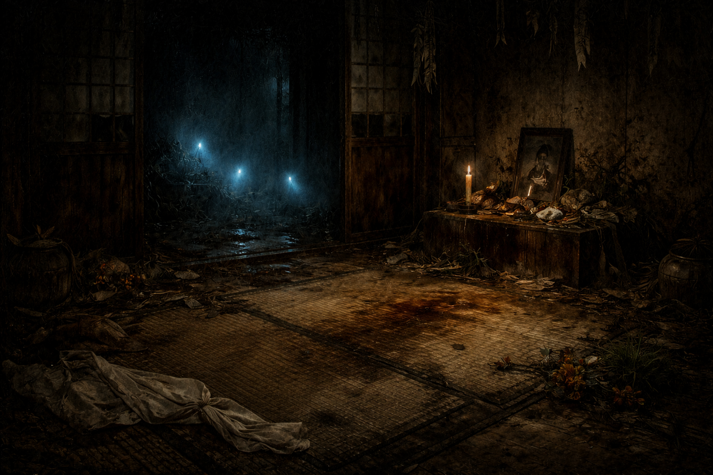 An abandoned tatami room with stained floor mats, a small altar holding a candle and a framed photograph, scattered offerings, and several faint blue lights visible through an open doorway in the dark.
