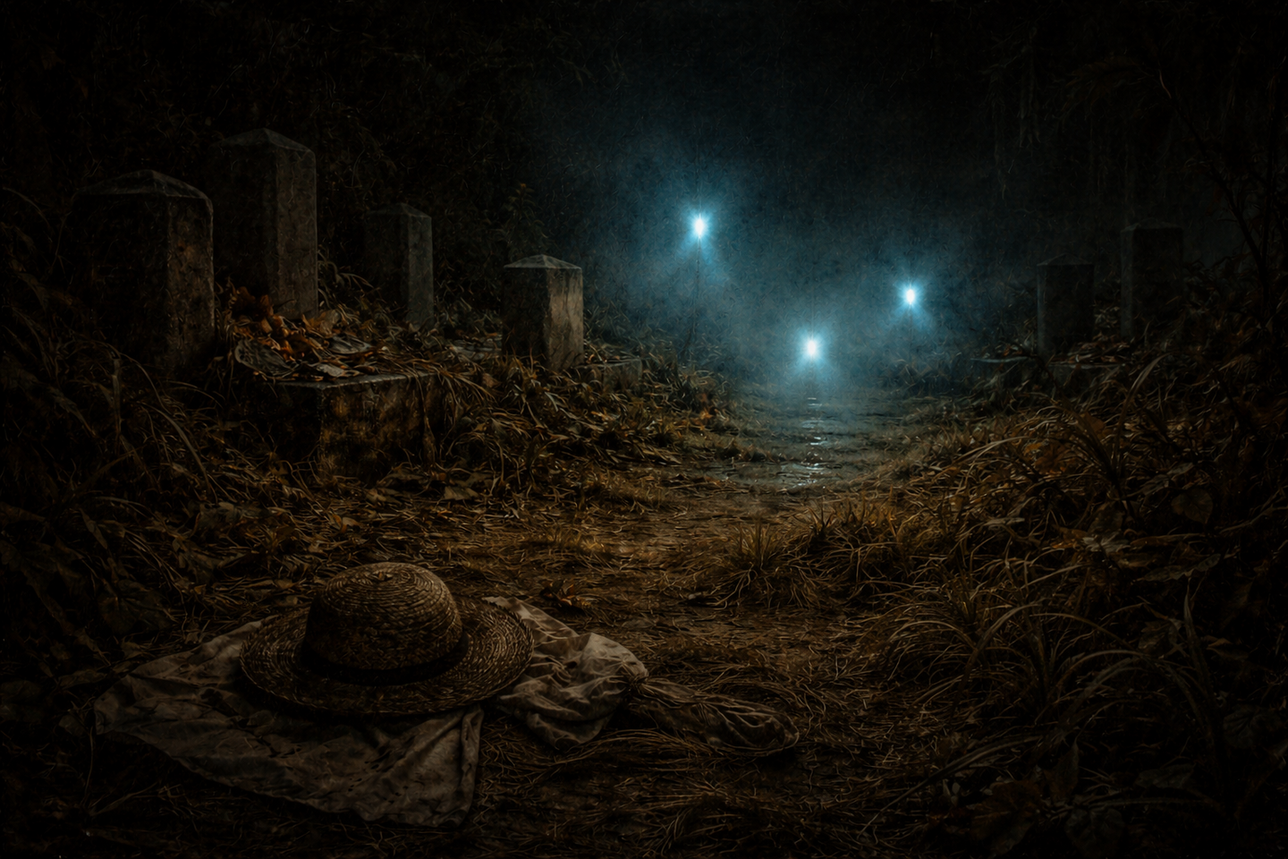 An overgrown graveyard at night with old stone grave markers, tall grass, a straw hat lying on the ground, and several faint blue lights hovering along a narrow path.