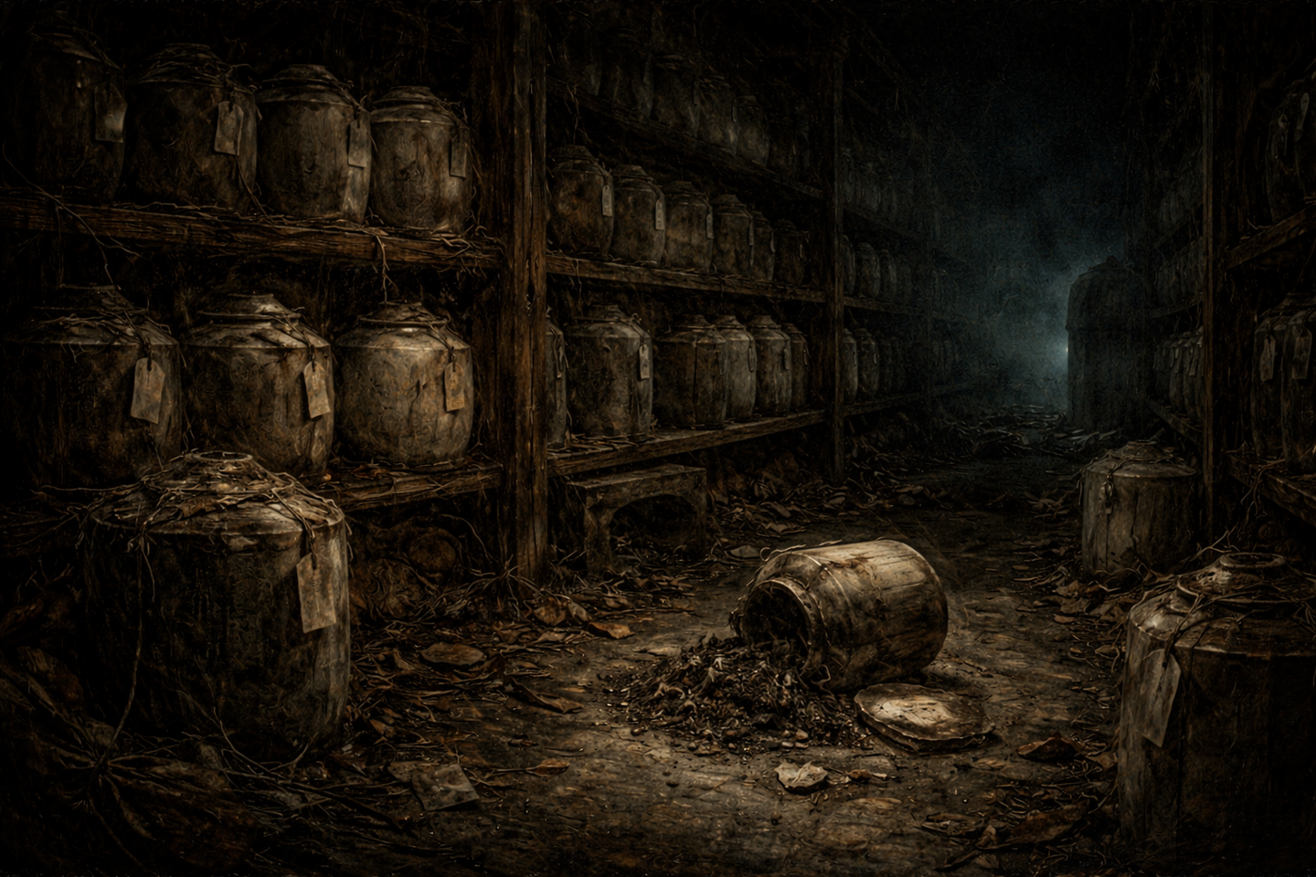 A dark vacant lot at night with uneven ground, patches of dry grass, scattered debris, and several faint blue lights glowing close to the ground between surrounding shadows.