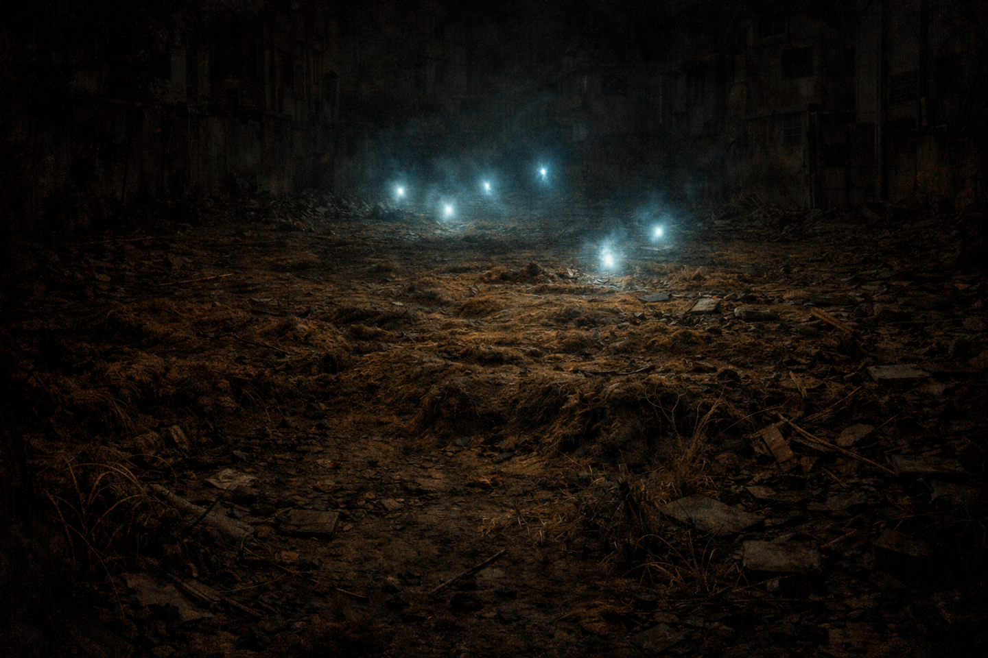 A dark vacant lot at night with uneven soil, scattered debris, dry grass, and several small blue lights glowing close to the ground in the center of the scene.