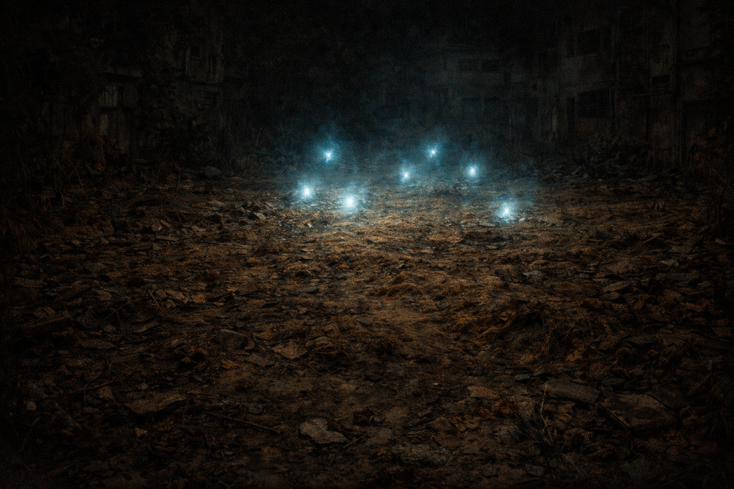 An empty urban clearing at night with uneven dirt ground, scattered rubble, dark surrounding buildings, and several small blue lights hovering close together near the center.