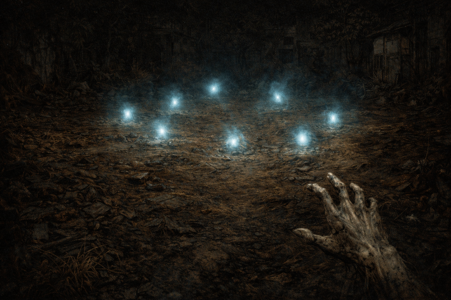 A dark open area at night with rough ground and debris, several small blue lights arranged in a loose circle, and a pale skeletal hand emerging from the shadows in the foreground.