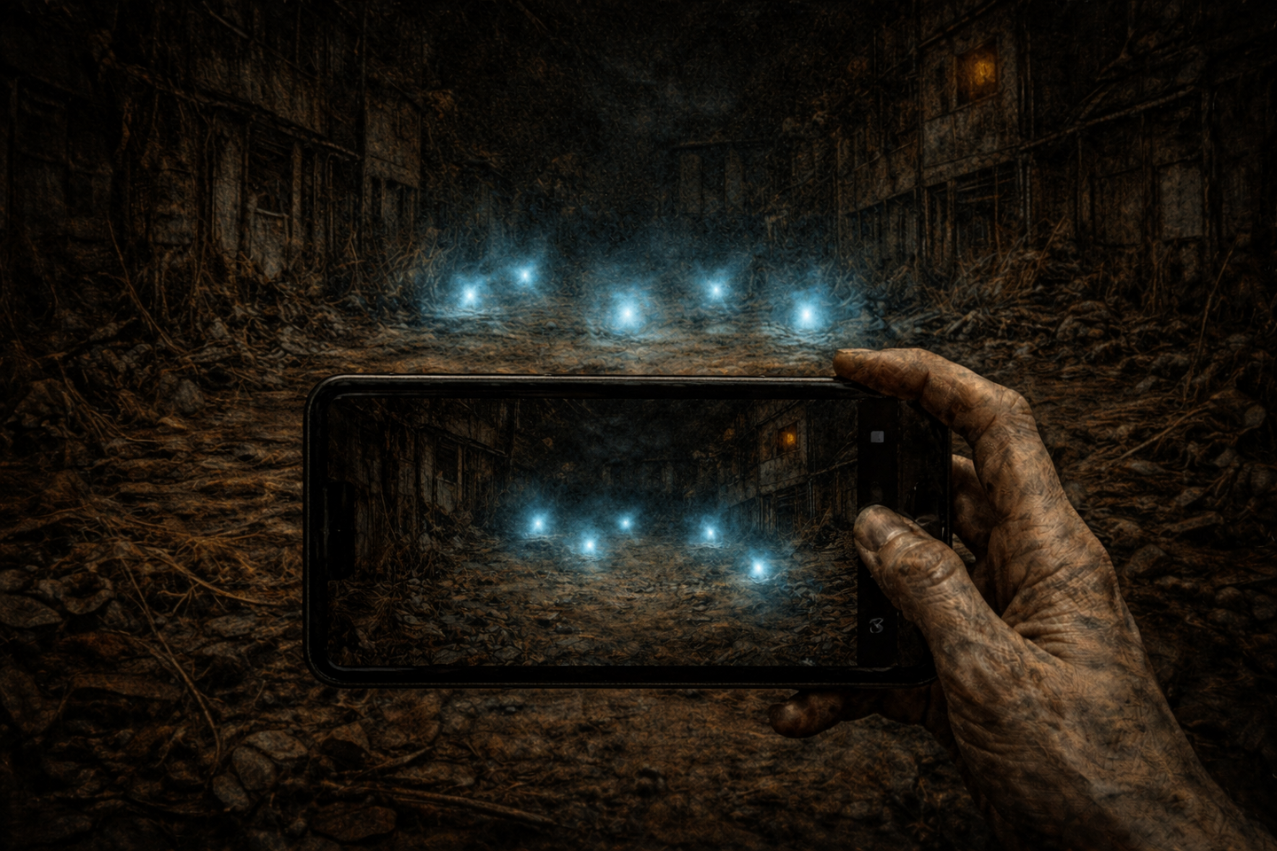 A dark urban open space at night with rough ground and debris, several pale blue lights arranged in a loose circle, and a skeletal hand extending from the shadows in the foreground.