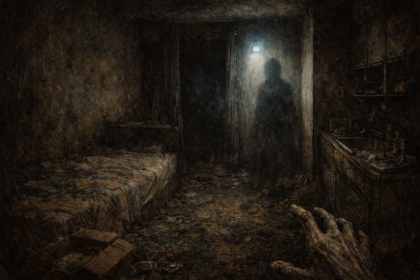 An abandoned room at night with a worn bed, scattered debris on the floor, shelves along the wall, and a small sensor light glowing near the doorway, casting a faint human-like shadow.