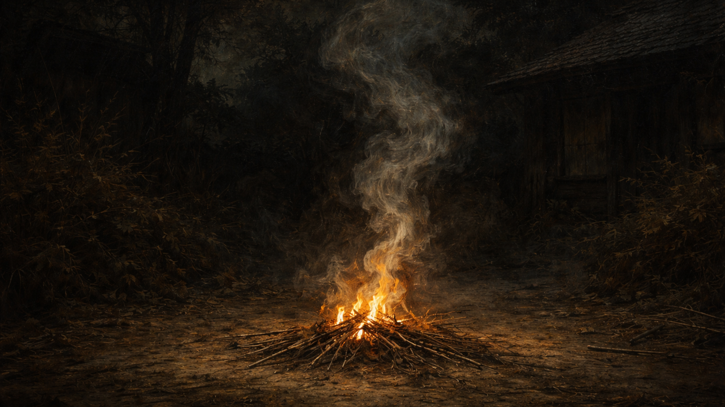 闇に包まれた屋外の地面で、麻と藁を束ねた小さな迎え火が燃え、淡い煙が不自然に立ち昇っている