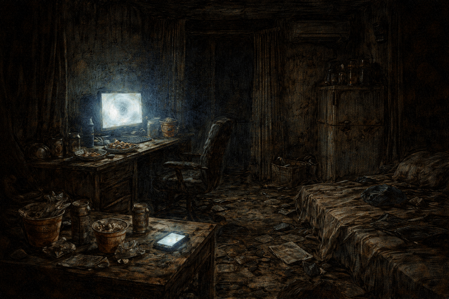 A dark one-room apartment at night with a television and computer screens glowing faintly, an unmade bed, scattered food containers, and electronic devices left powered on in an otherwise empty room.