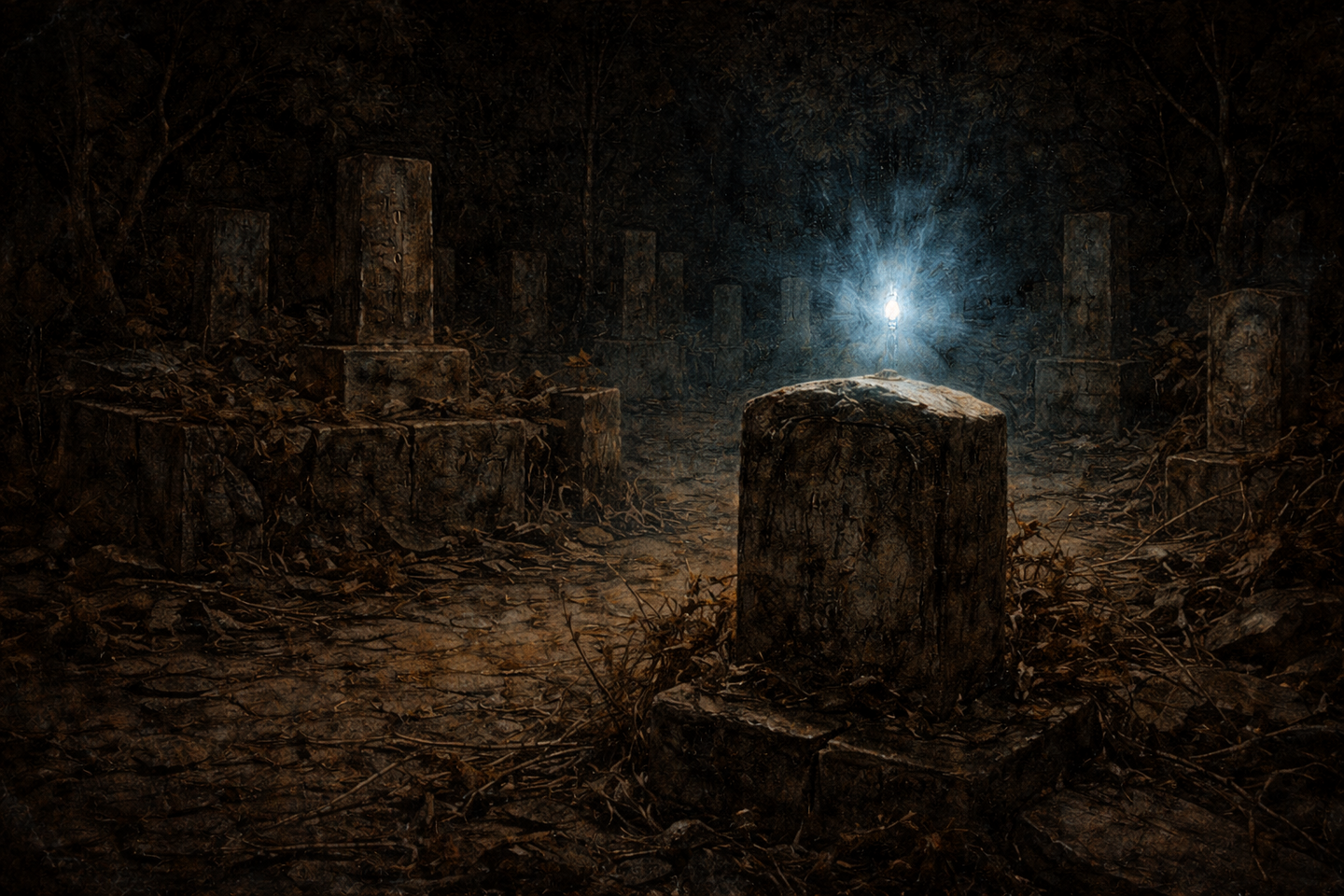 An old graveyard at night with several weathered stone grave markers covered in moss and fallen leaves, and a small pale blue light glowing above one of the stones in the darkness.