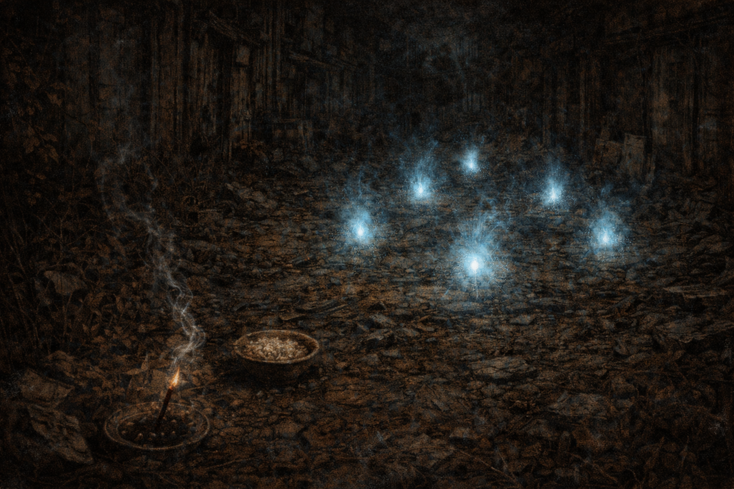 A dark open ground at night with scattered debris, a burning incense stick releasing thin smoke beside a small dish, and several pale blue lights glowing softly above the ground in the distance.