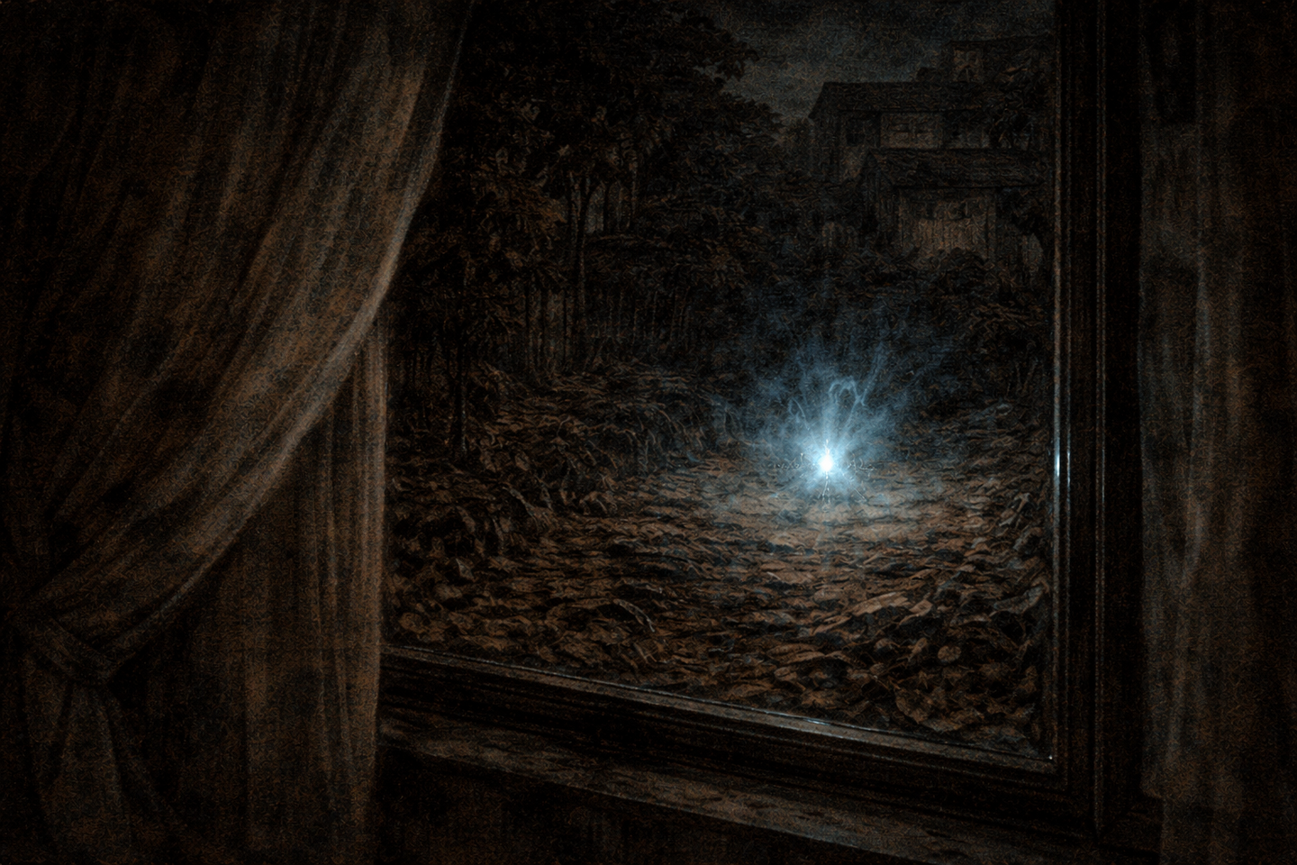 A nighttime city view seen through a window, with surrounding buildings in darkness and a single faint blue light visible outside among other distant lights.