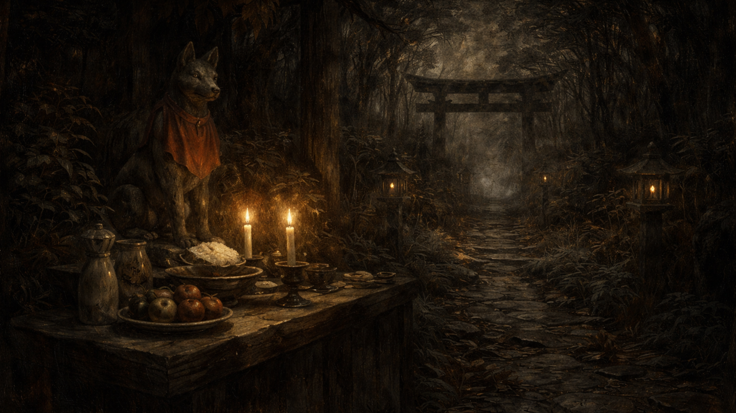 暗い森の中にある日本の古い祠。供え物と灯されたろうそくの前に狐像が立ち、奥には闇に包まれた鳥居と石畳の参道が続いている。