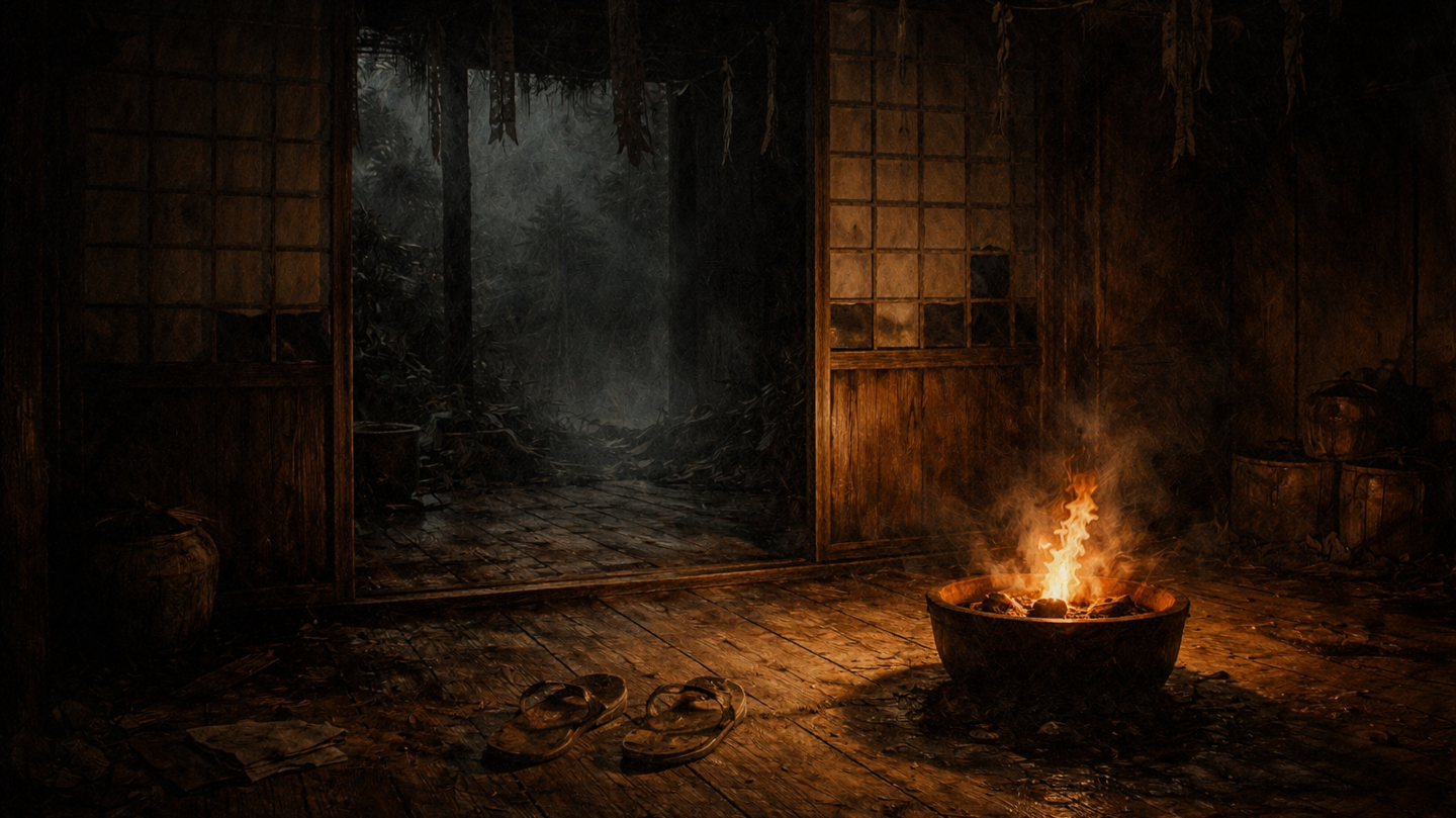 A dark, empty Japanese house at night with a small fire burning in a brazier, abandoned straw sandals on the wooden floor, and partially open sliding doors revealing a misty forest outside.