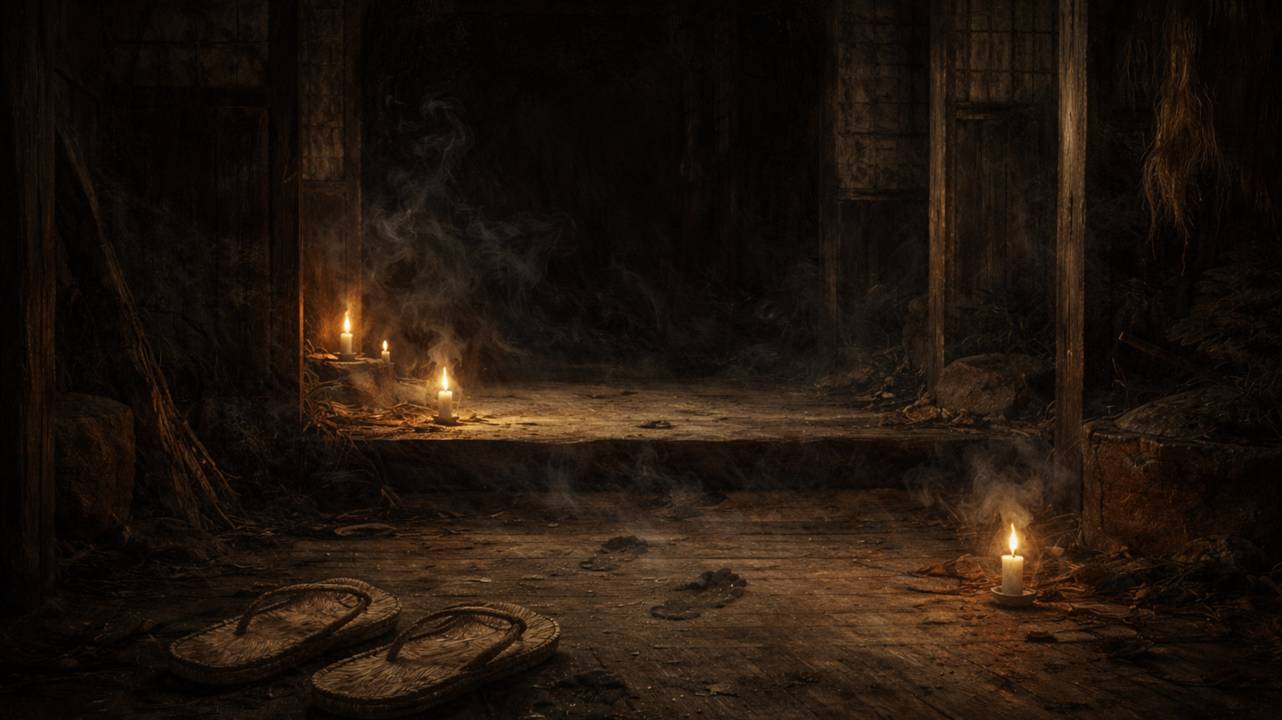 Dimly lit wooden entrance with several small candles on the ground, wisps of smoke rising, worn straw sandals placed in the foreground, and dark shadows filling the empty interior beyond.