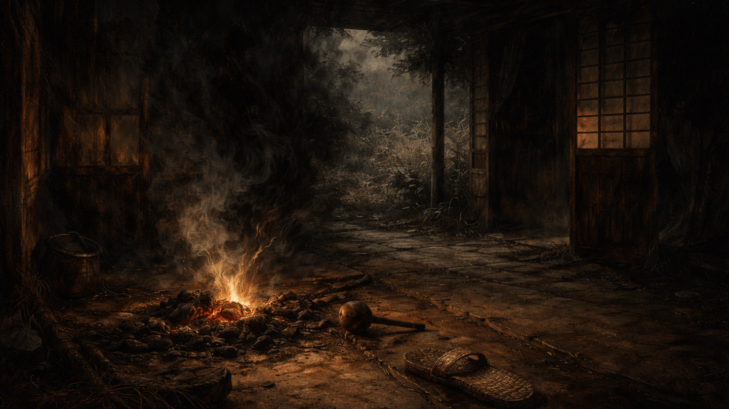 A dimly lit traditional Japanese house interior at night with glowing embers on the ground, scattered sandals and tools, open sliding doors, and dense shadows leading into a dark garden.