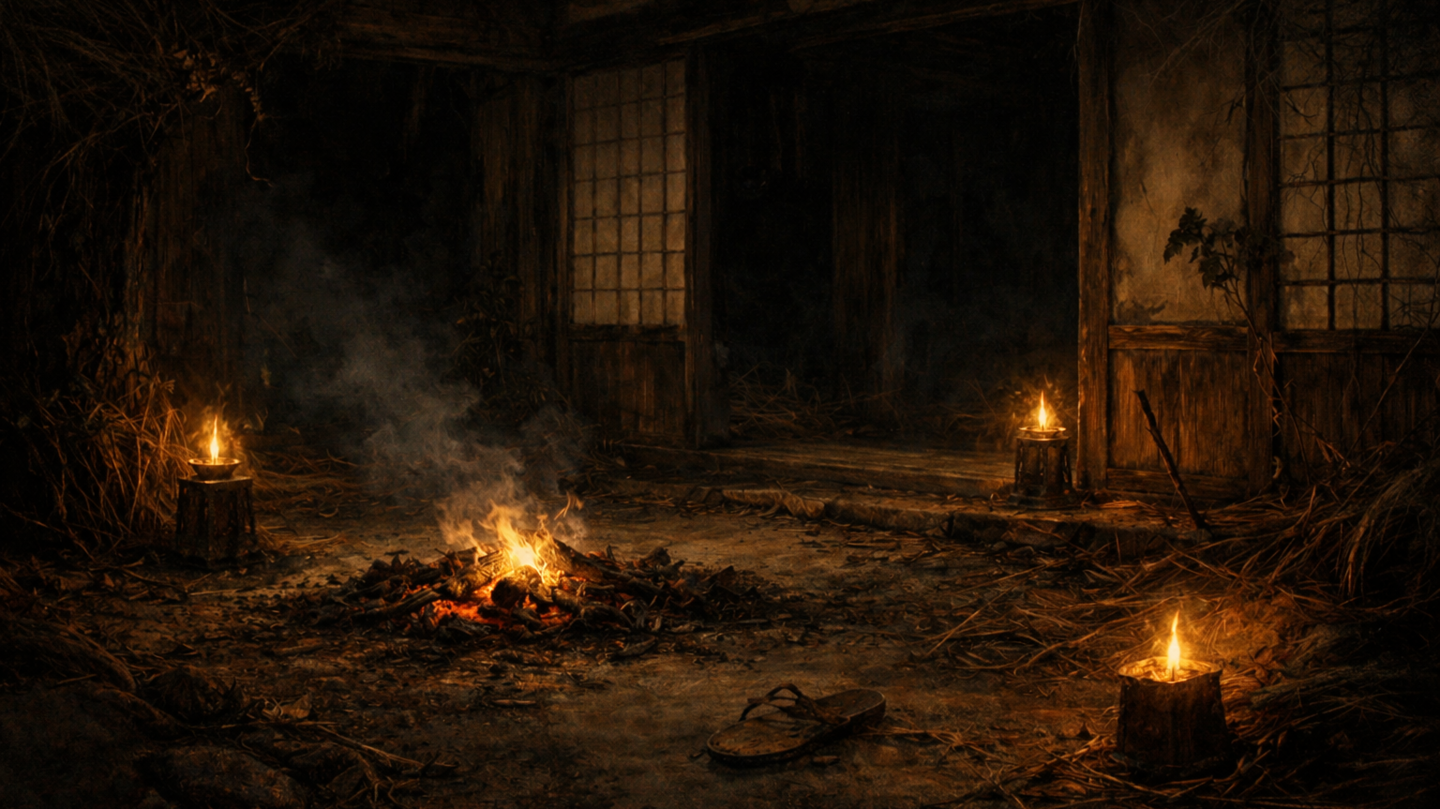 A small fire burning on the ground in front of an abandoned Japanese wooden house at night, with lanterns casting dim light, scattered straw, a single sandal, and deep shadows around open sliding doors.