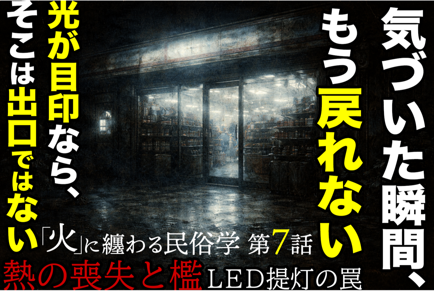 A small fire burning on the ground in front of an abandoned Japanese wooden house at night, with lanterns casting dim light, scattered straw, a single sandal, and deep shadows around open sliding doors.